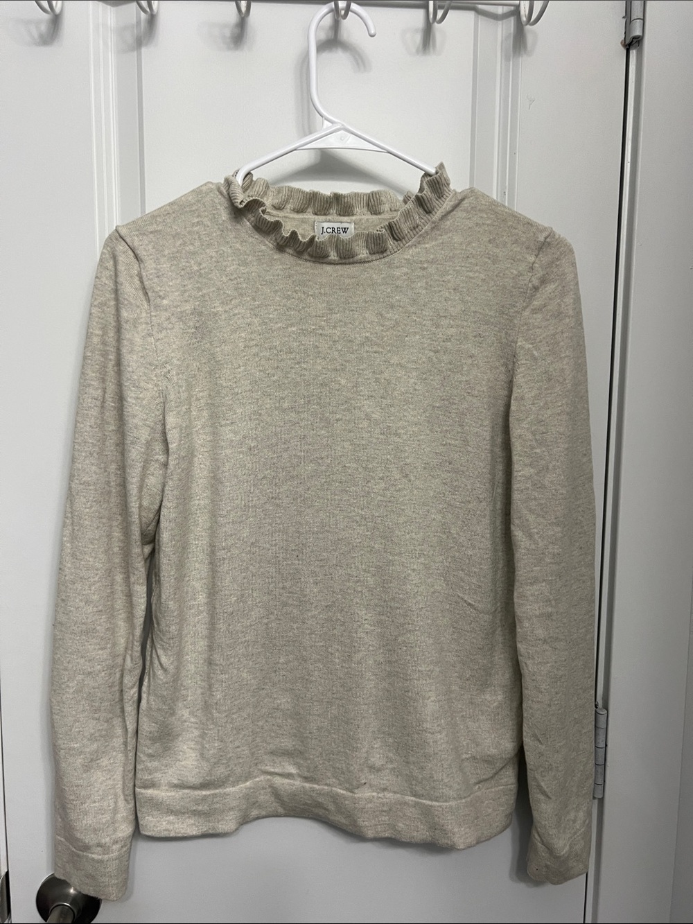 J. Crew Ruffle Mock Neck Sweater in Oatmeal Heather